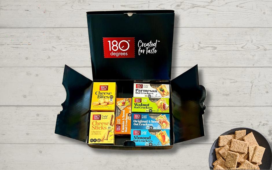 A gift box containing 5 packets of various 180 Degrees brand crackers
