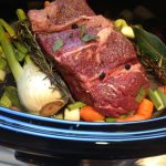 Rump roast in crockpot with fennel, rosemary, leek and carrots