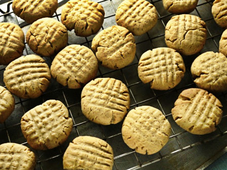 Several round baked biscuits with fork marks on top on a wire rack.