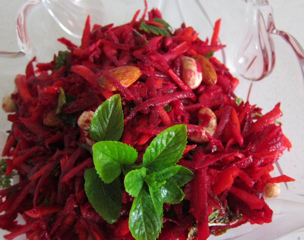 Grated beetroot, almonds and mint salad