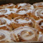 Several cinnamon rolls still attached together.