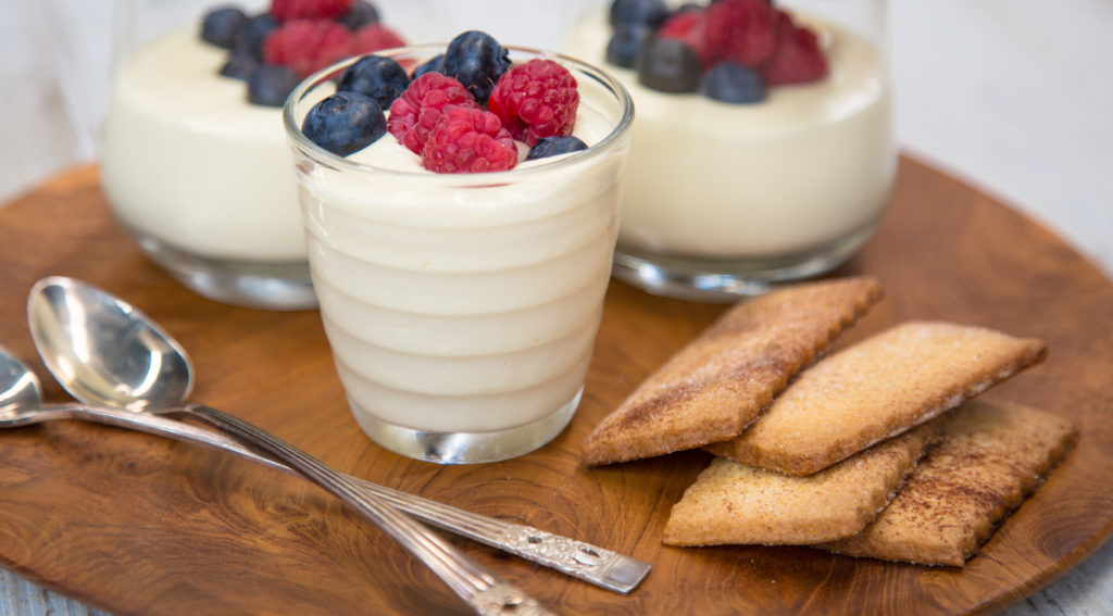 White Choc Mousse with Cinnamon Pastry Biscuits
