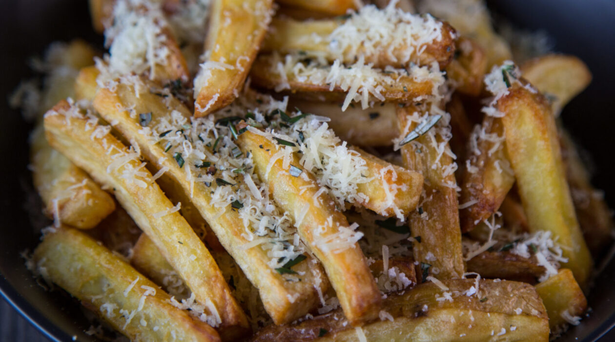 Close up of potato fries covered with grated Parmesan cheese