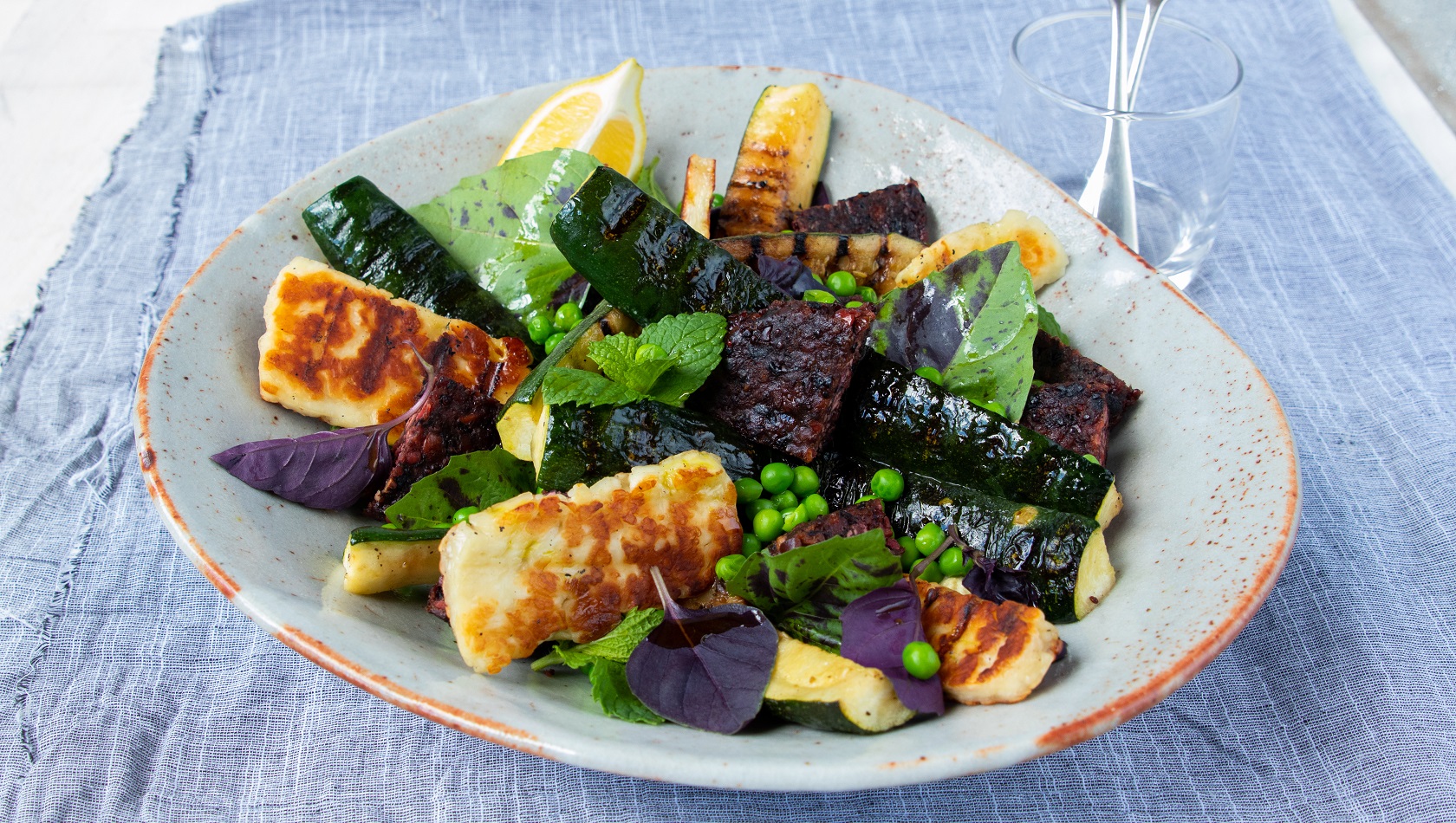 Grilled Courgette, Beet Burger & Haloumi Salad