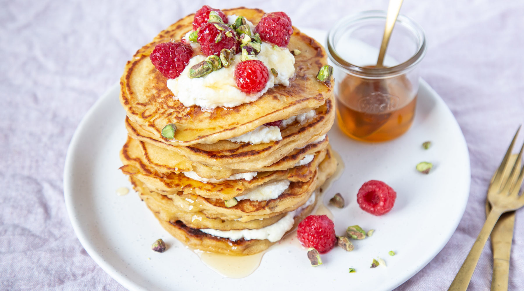 Thick banana, honey & ricotta pancakes | Fresh Recipes NZ
