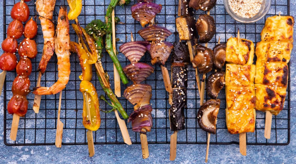 Japanese style skewers all different colours of the rainbow