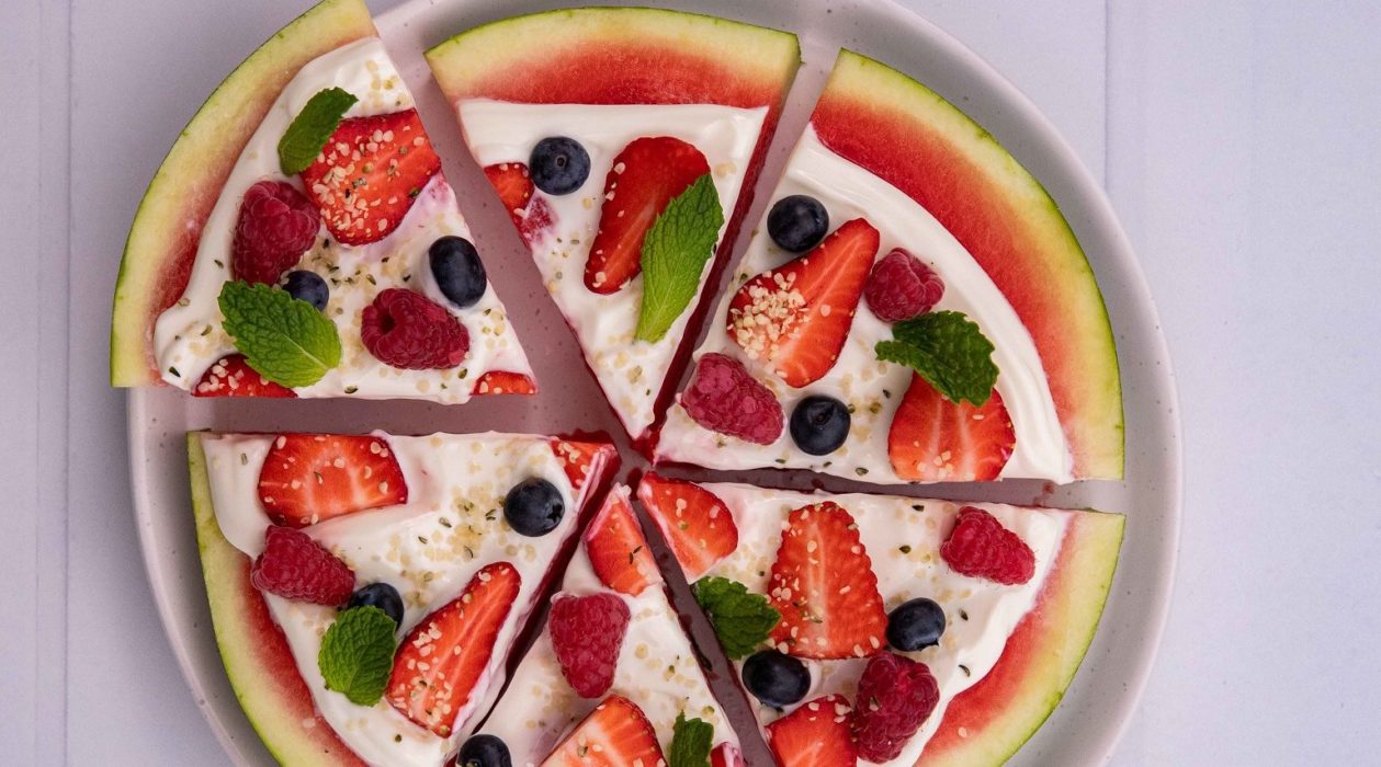 Round watermelon slice topped with white cream,berries and mint, cut into wedges on a round plate on white board
