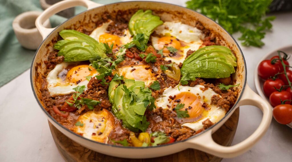 6 eggs cooked in red meaty sauce and avocado slices on top in a white shallow casserole dish
