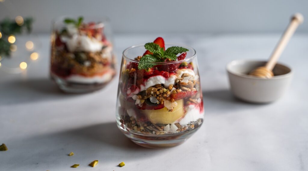 3 glasses of layered red fruit, granola and yoghurt topped with herb and a small pot of honey