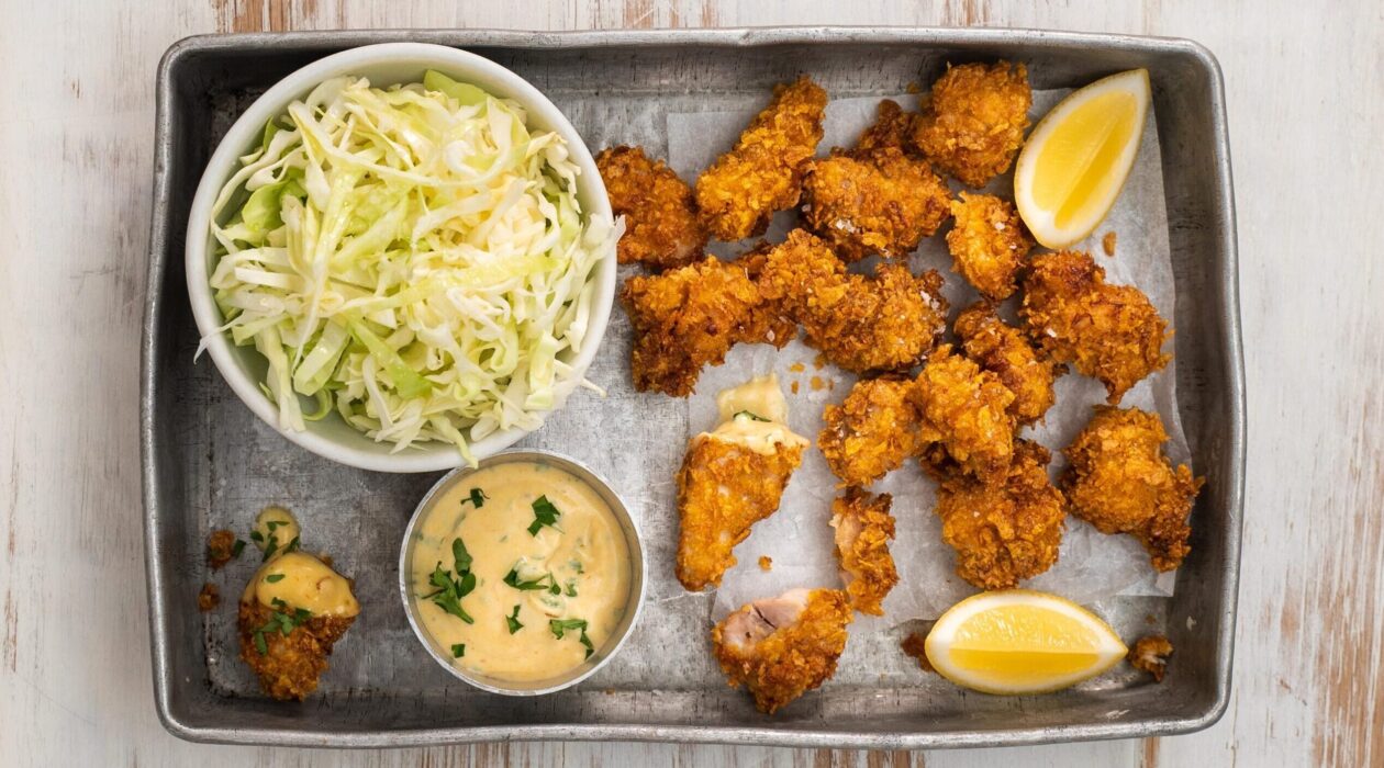 Fried chicken nuggets on tray with lemon wedges, pot of pink sauce and a bowl of shredded cabbege.