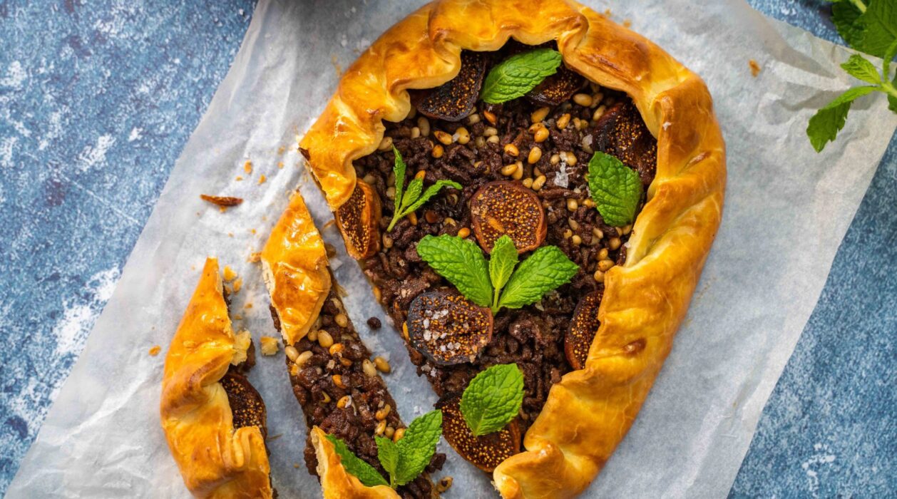 A free form pie with brown meat filling topped with greem leaves on paper on blue top.