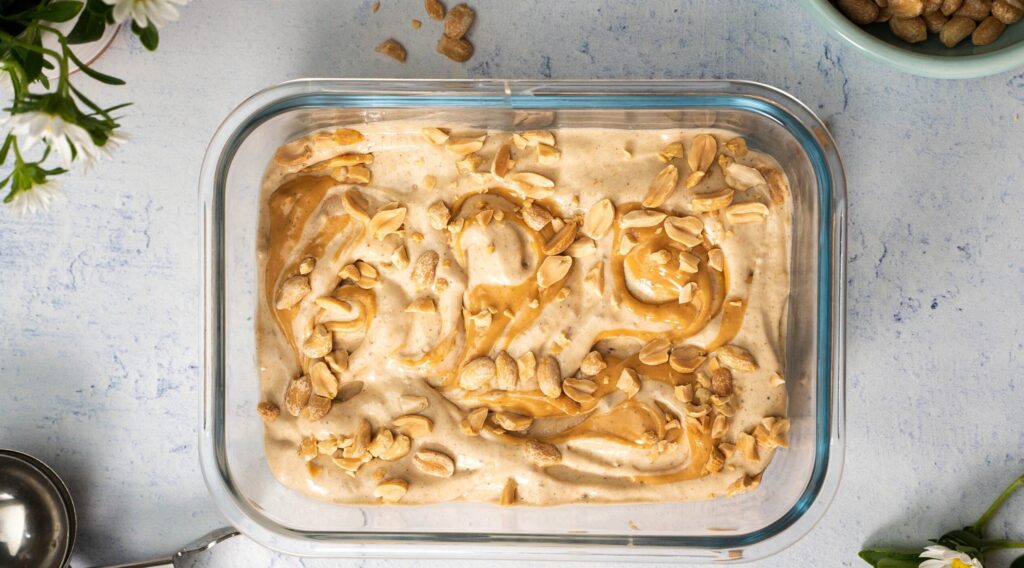 Banana & Peanut Butter Ice Cream in a glass container