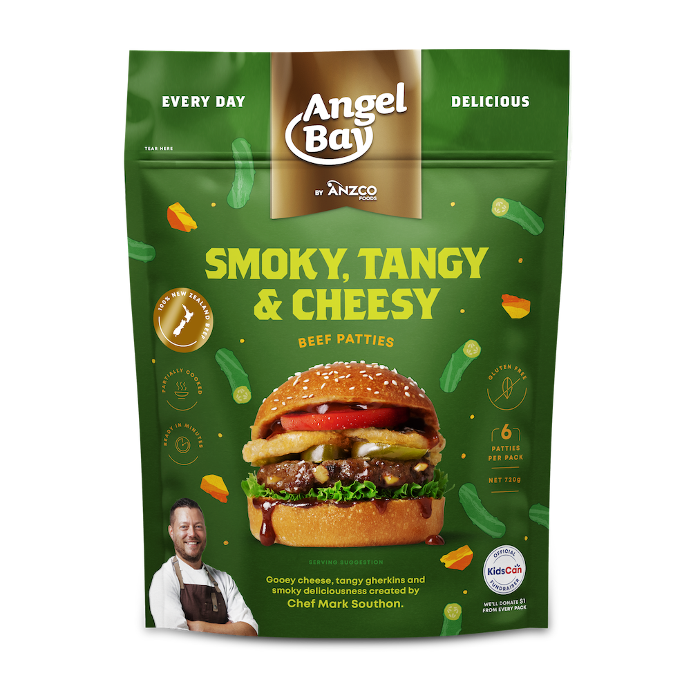 June Must-Haves 2023 - A bag of Angel Bay Smoky, tangy and Cheesy beef patties