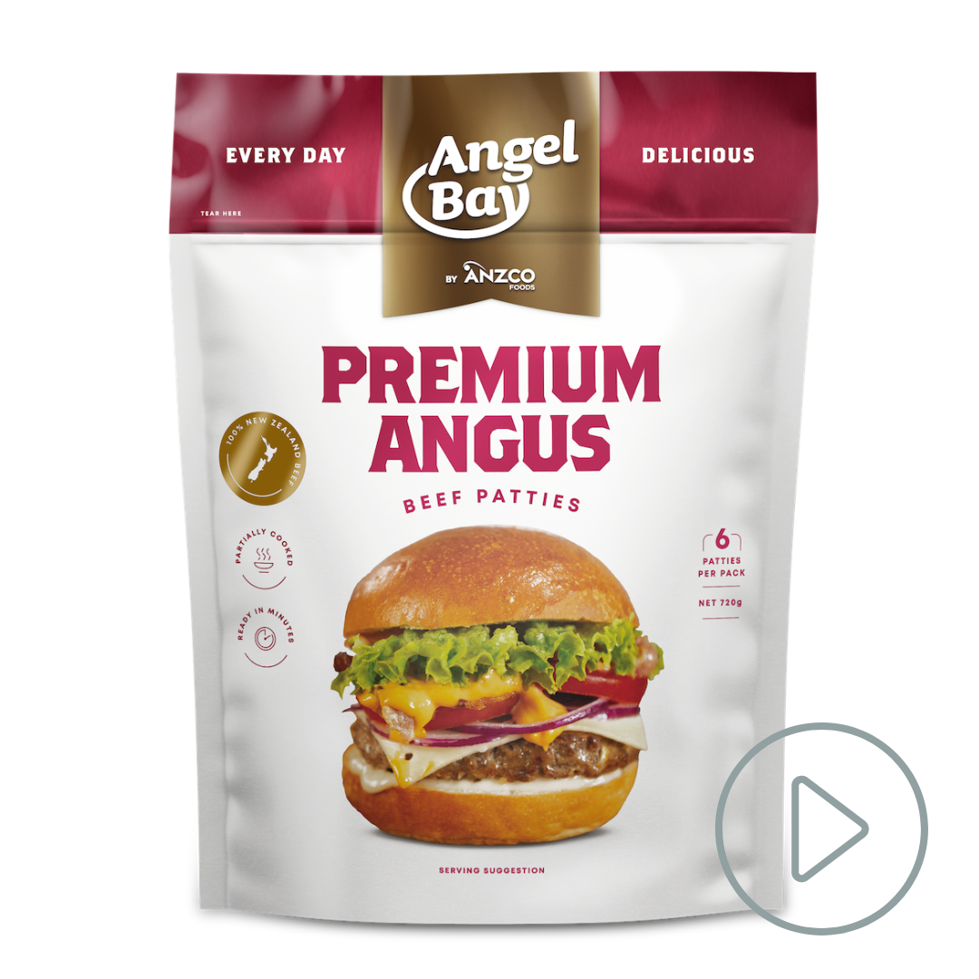 Packet of Angel Bay Premium Beef Patties with a play button link
