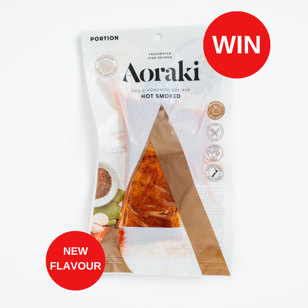 Packet of Aoraki BBQ & Horopito Dry Rub Hot Smoked Salmon with WIN and NEW FLAVOUR buttons