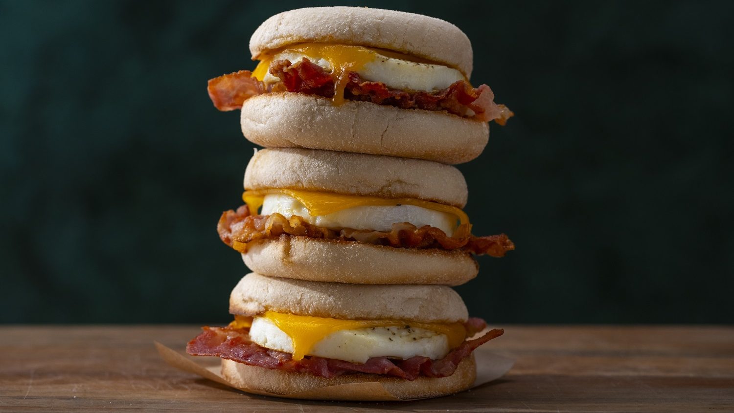Three bacon and egg muffins stacked on top of each other.