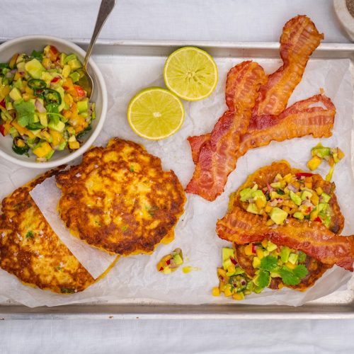 Bacon corn fritters with avocado salsa
