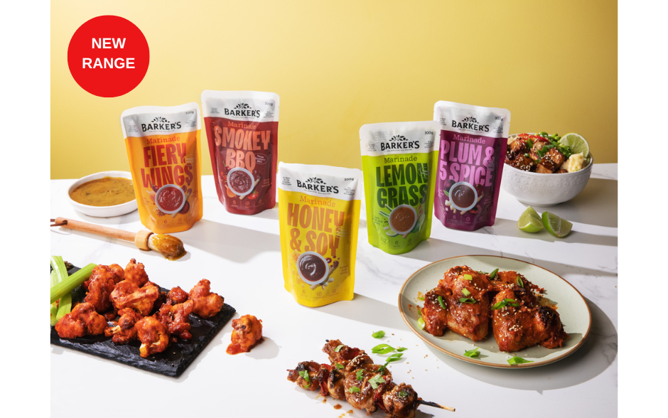 A range of BArker's of Geraldine marinade packets with plates of food and a red NEW RANGE button in the corner