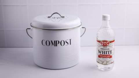 A white compost caddy and a bottle of vinegar on kitchen bench.