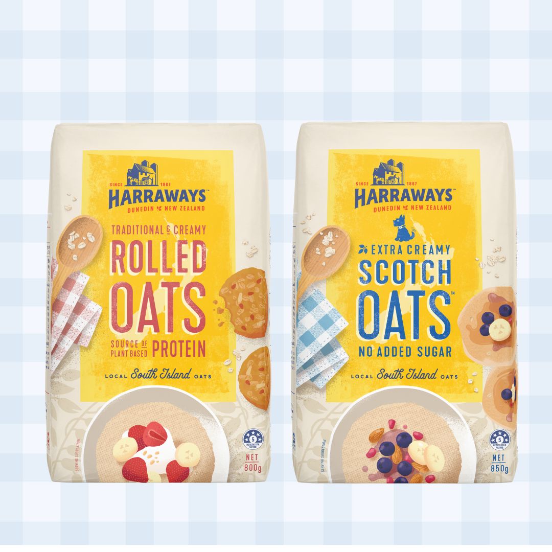 A packet of Harraways Scotch Oats and Harraways Rolled Oats on a blue gingham background