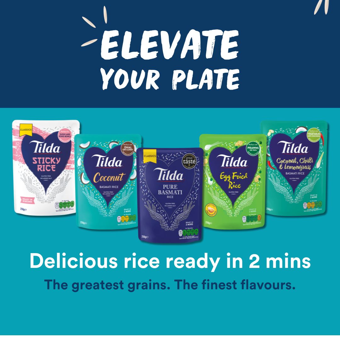 Packets of Tilda 2 minute rice on a blue and turquoise background with the message Elevate Your Plate