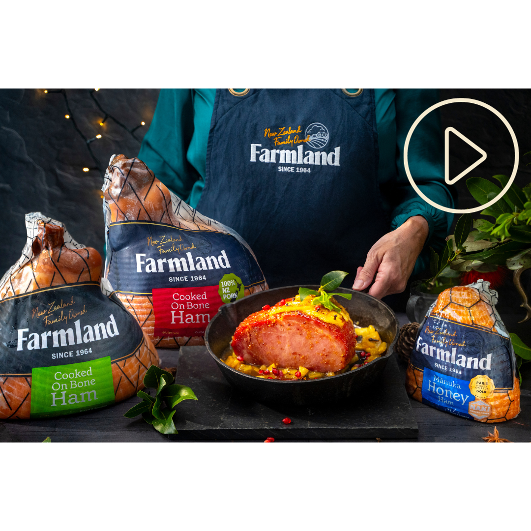 Three different packaged Farmland hams plus a cooked ham with pineapple in a dish