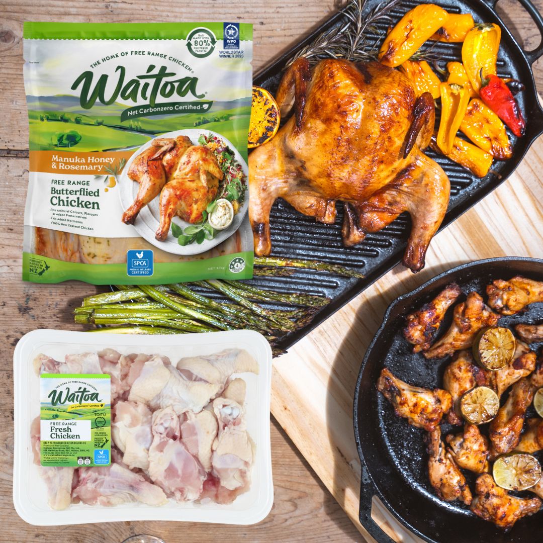 Packs of Waitoa Free Range Chicken Nibbles Manuka Honey Butterflied Chicken with a roasted chicken on a tray and a pan of cooked chicken nibbles