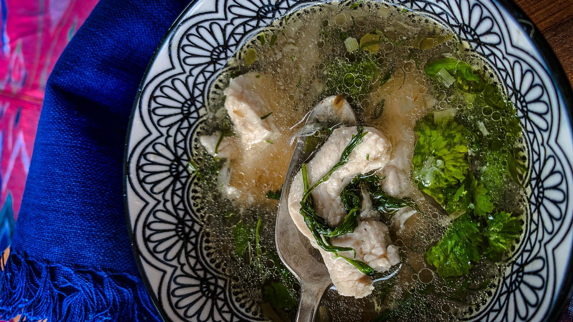 Gaeng Om Lemongrass and dill chicken soup in a bowl