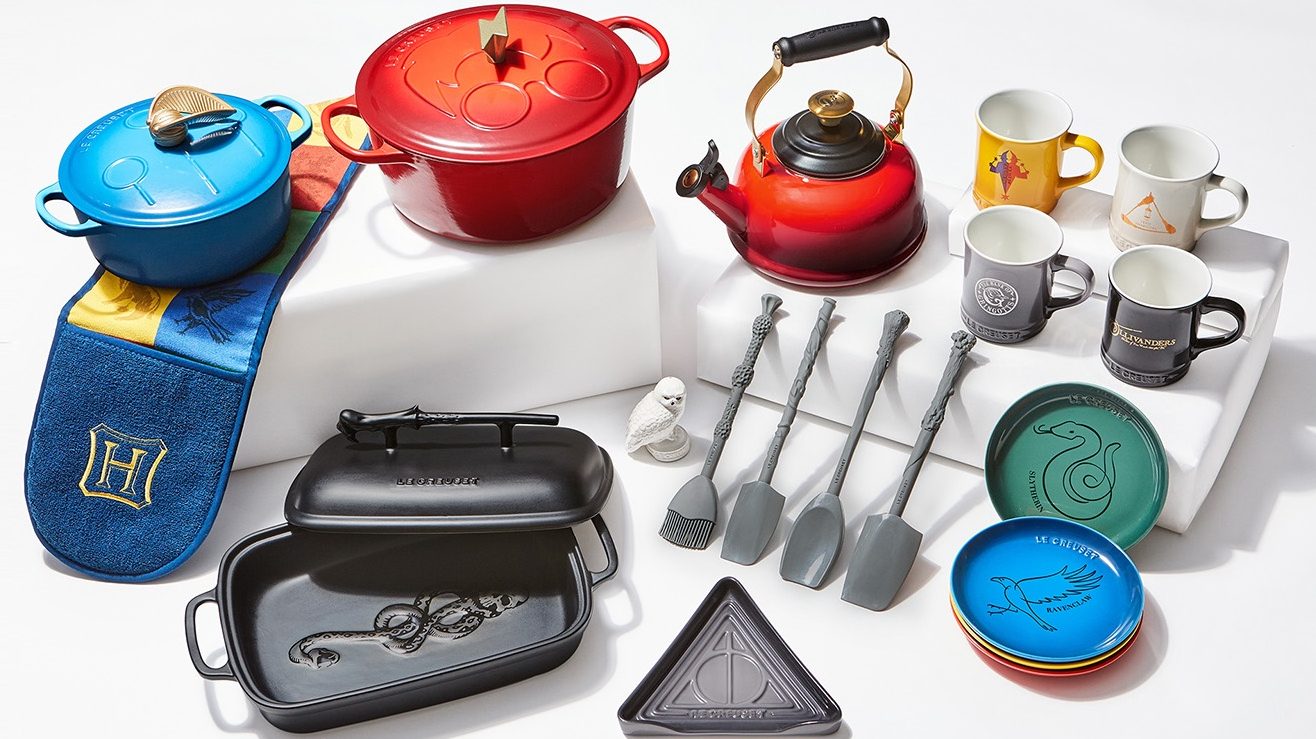 A selection of Le Creuset cookware and utensils highlighting their new Harry Potter™ collection.