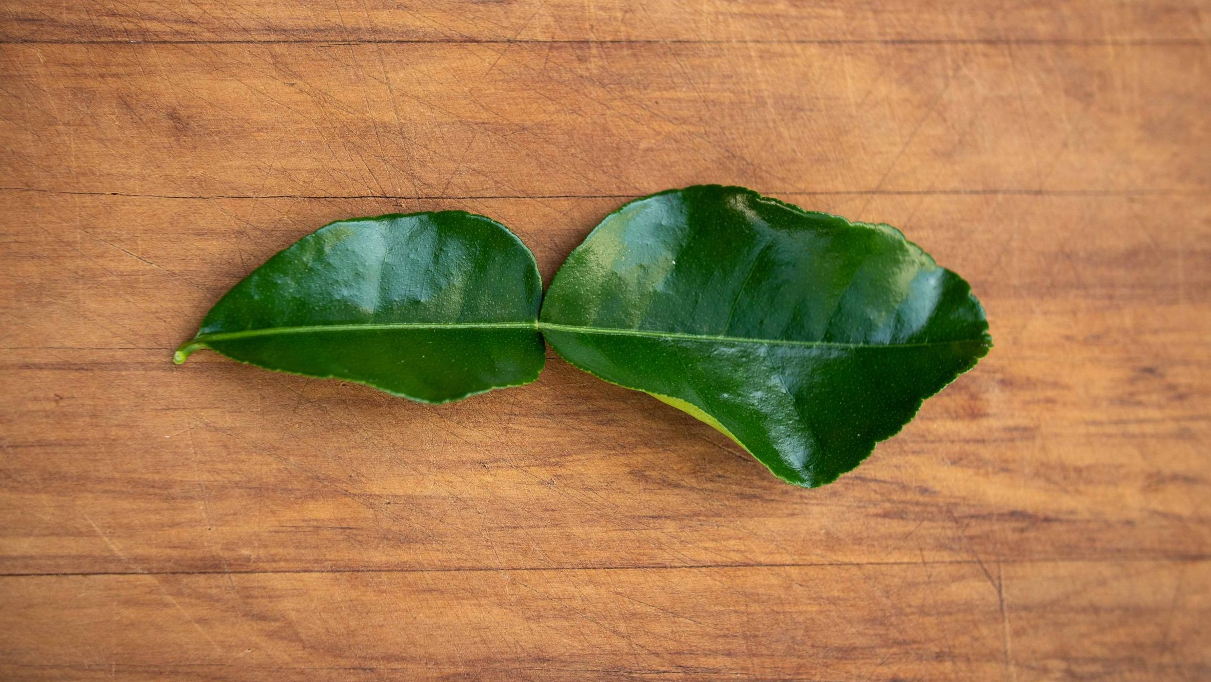 Fresh makrut lime leaves on wooden board.