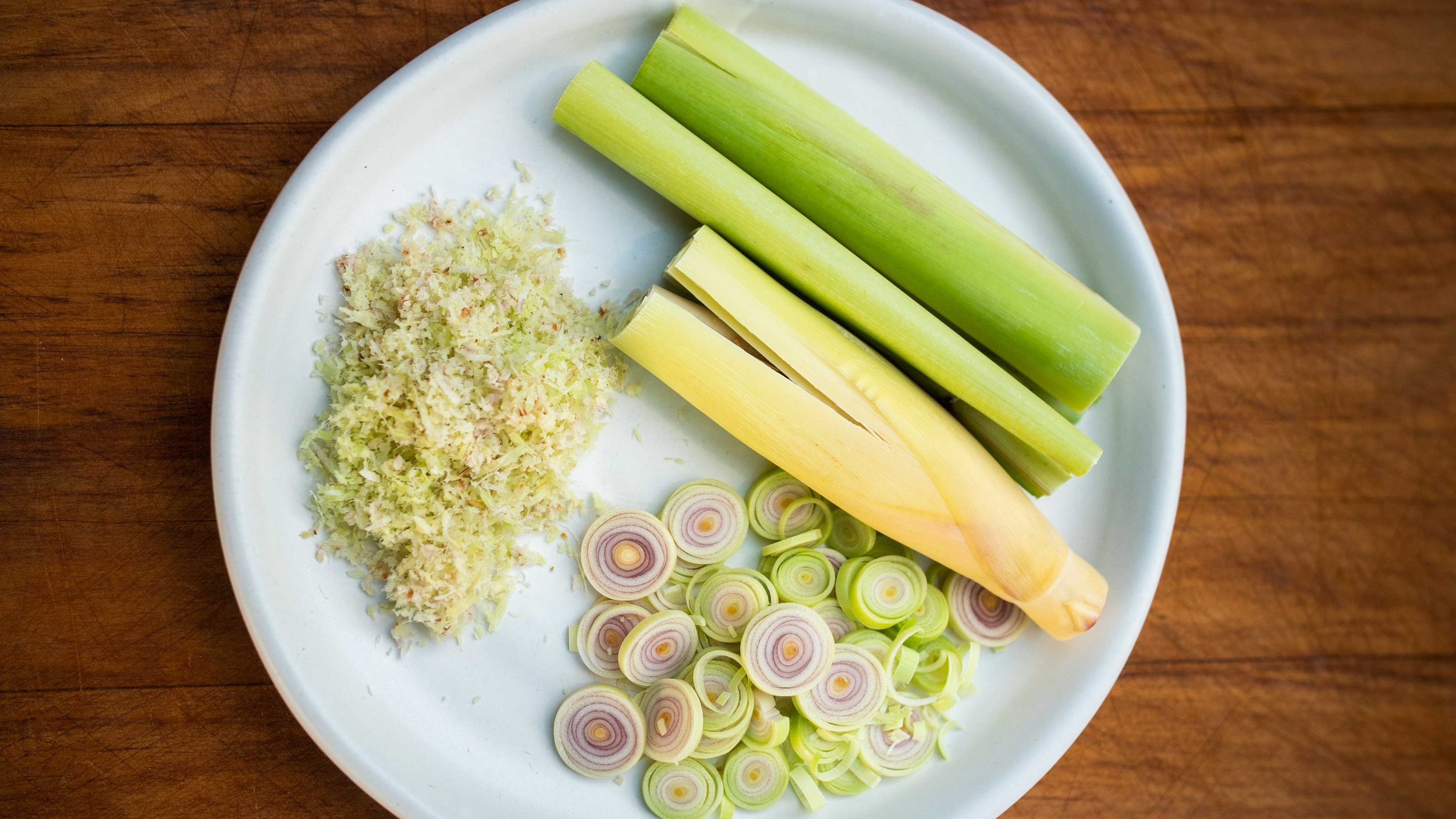 Green stems shown three ways, sliced and grated.