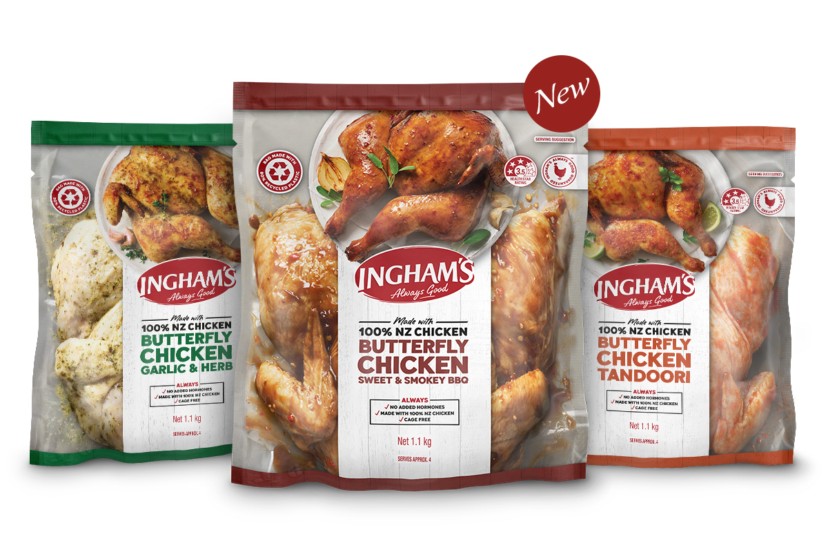 Three flavours of Ingham butterfly chicken