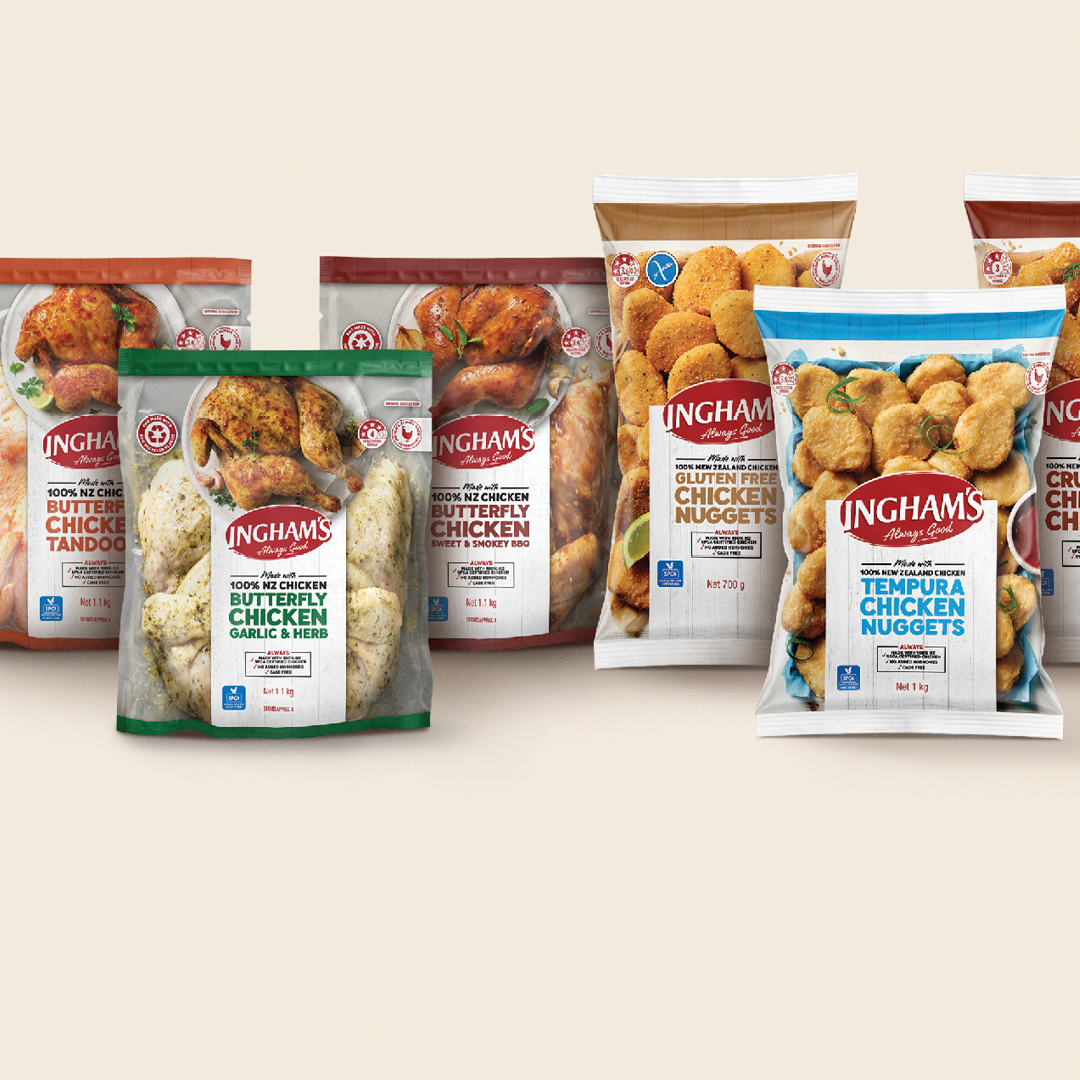 Several packets of Ingham's SPCA Certified Chicken in different flavours