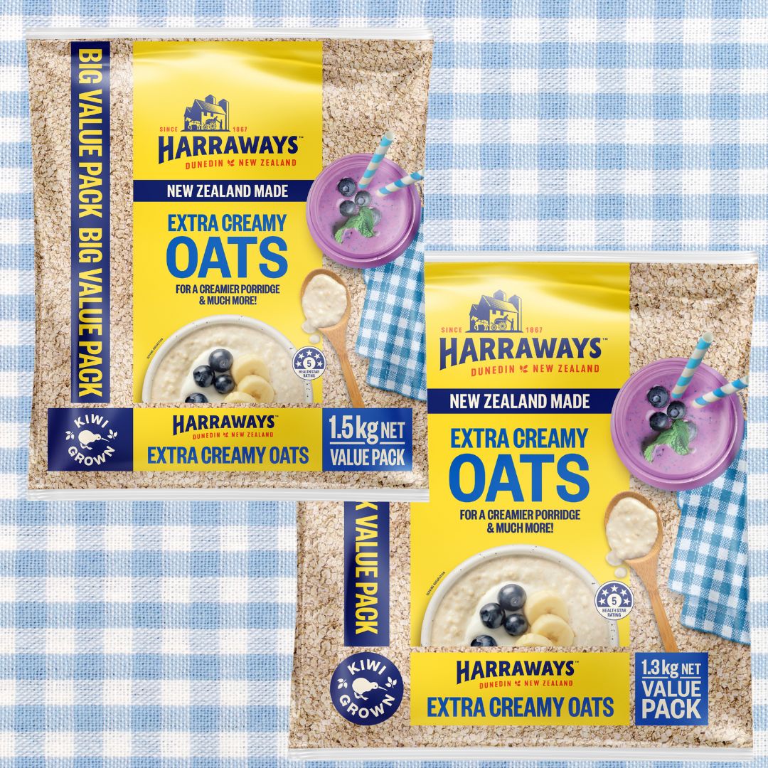 Two bags of Harraways Extra Creamy Oats on a blue gingham background