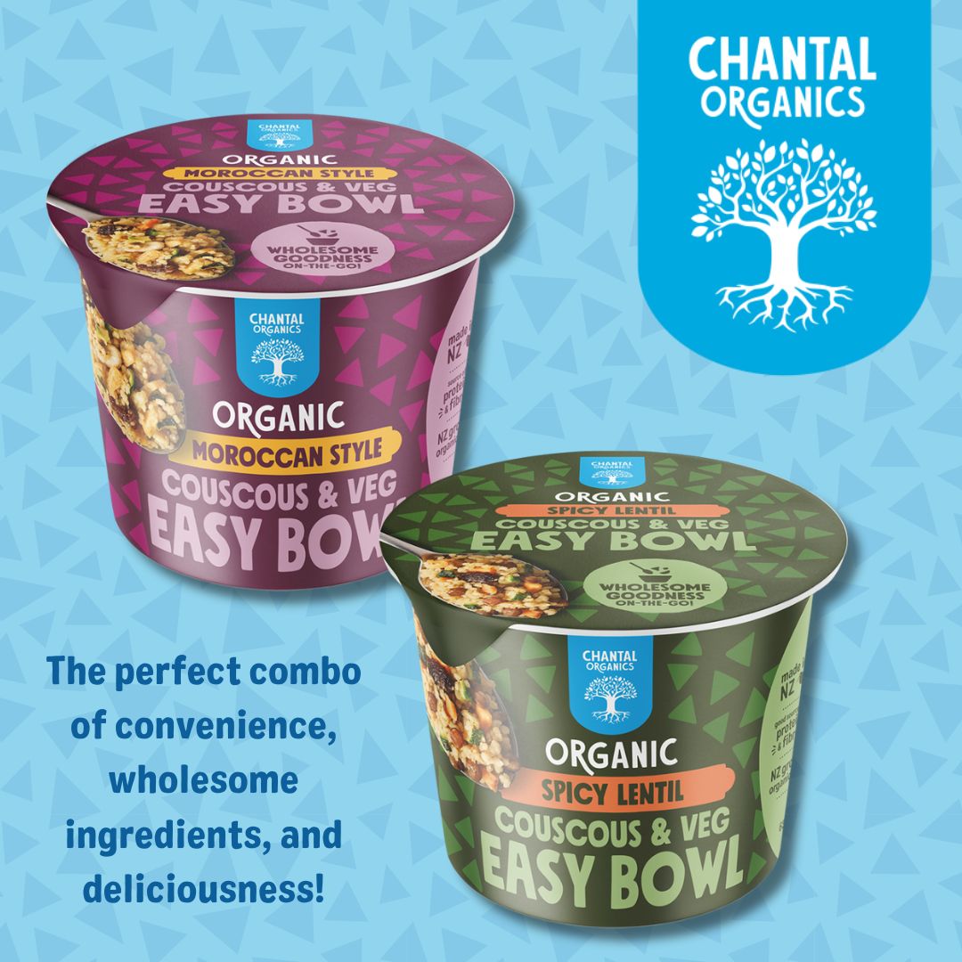 Two packets of Chantal Organics Savoury Cups in Moroccan Couscous and Veg flavour and Spicy Lentil and Veg flavour