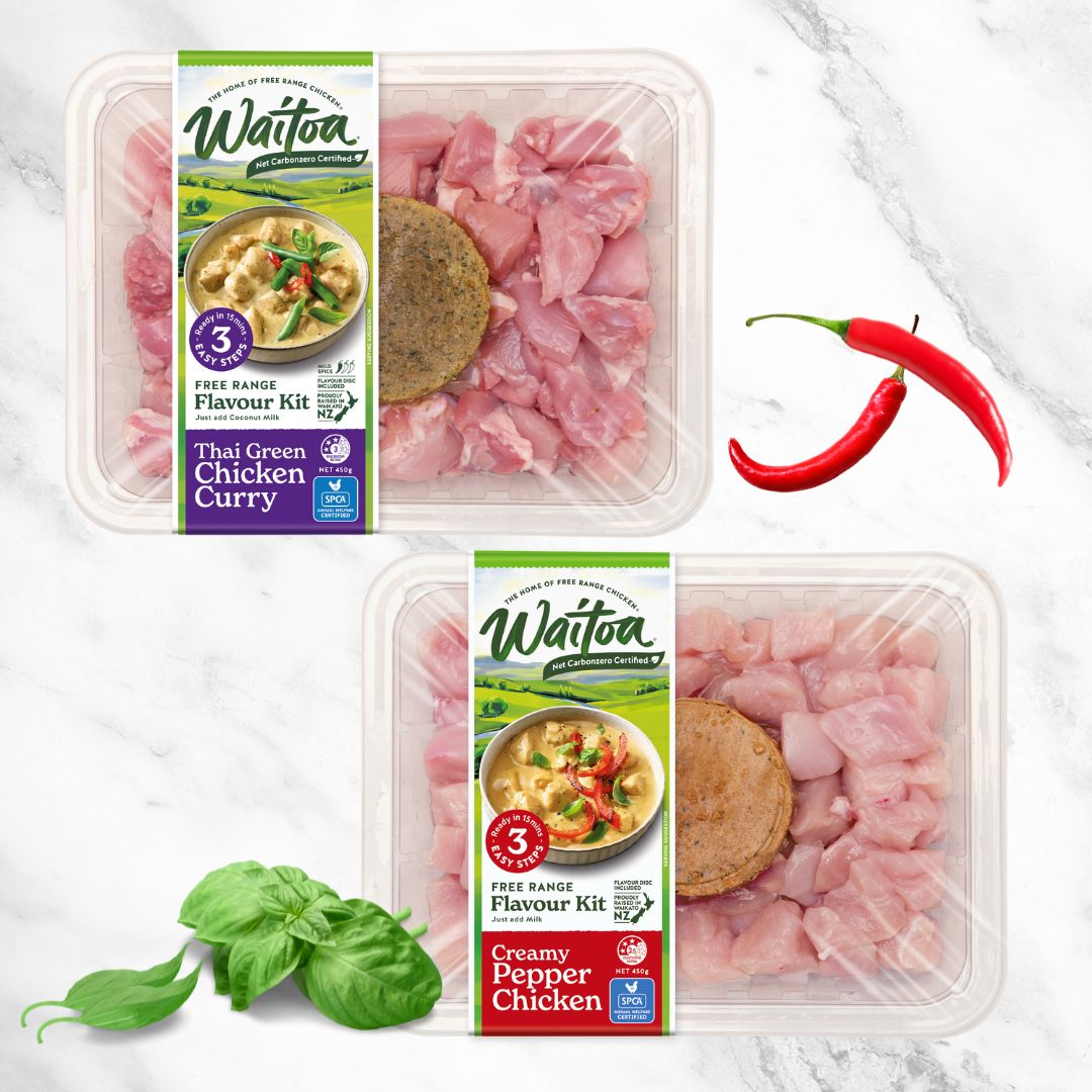 Two packs of Waitoa Free Range Chicken Flavour kits - Thai Green Chicken Curry and Creamy Pepper Chicken