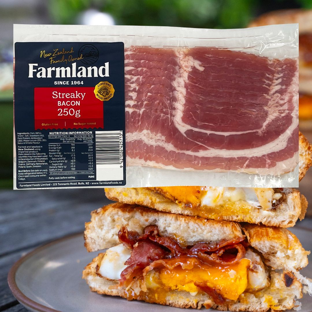 A packet of Farmland Streaky Bacon and a bacon butty