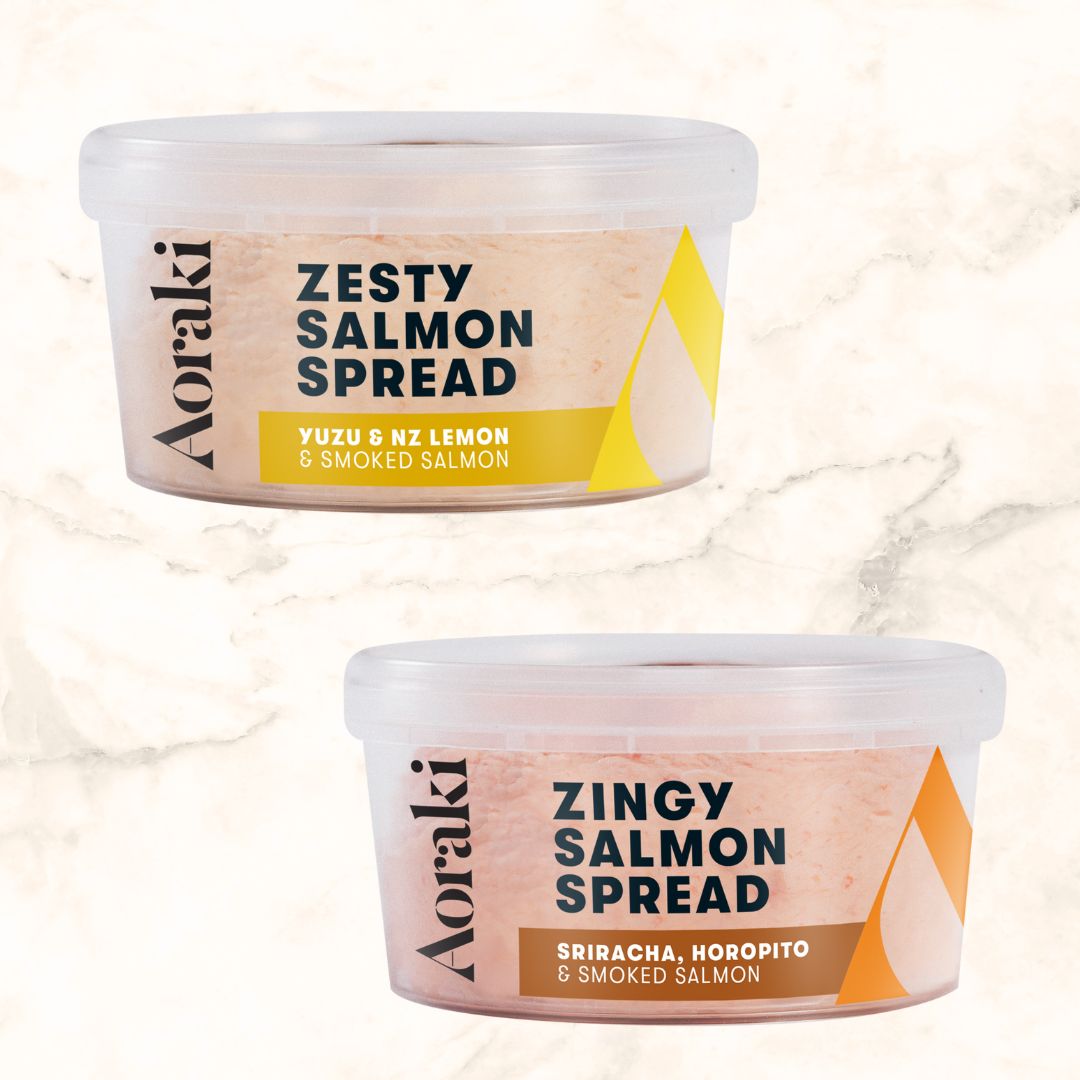 A tub of Aoraki Zesty Salmon Spread and a tub of Aoraki Zingy Salmon Spread