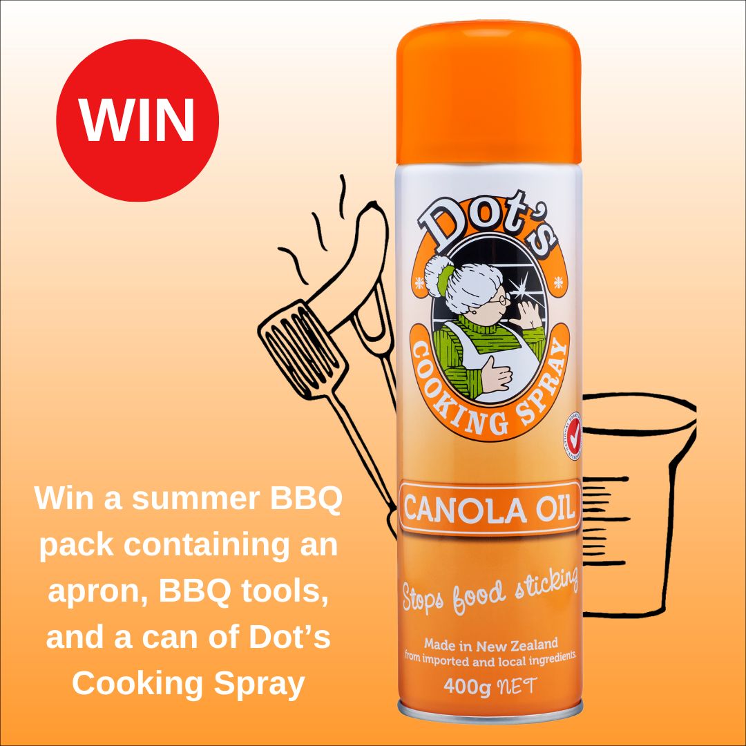 A can of Dot's Cooking Spray with a cartoon spatular and sausage and a Win message