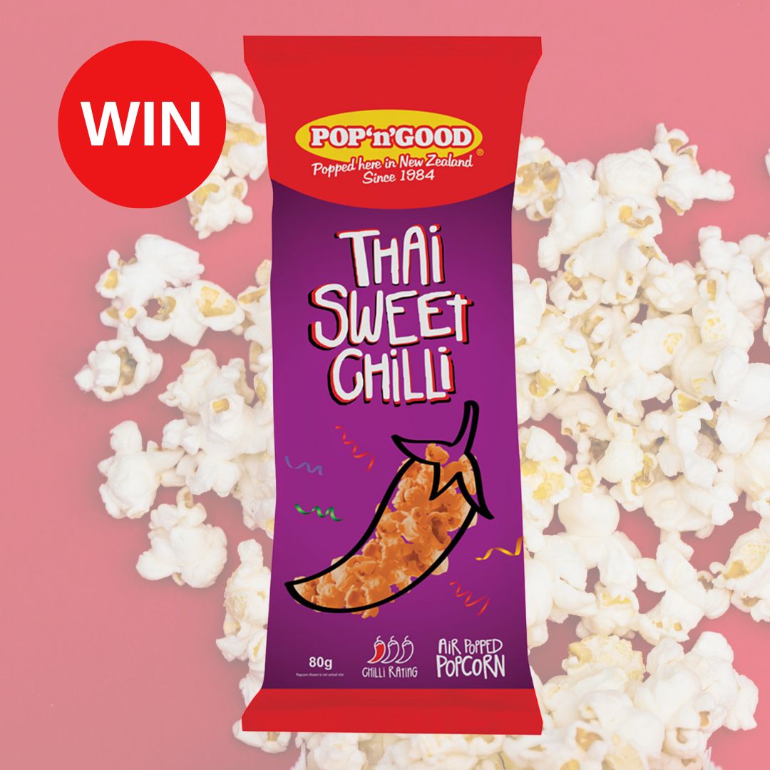 A packet of Pop 'n' Good Thai Sweet Chilli popcorn on a background with some popcorn kernals and a Win message.