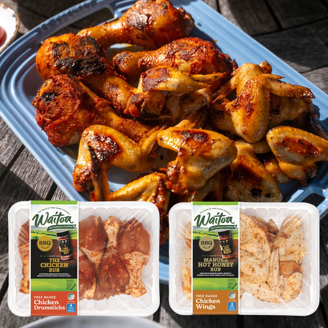 A platter of Waitoa chicken nibbles and drumsticks with a pack each of drumsticks and nibbles flavoured with a Four Saucemen rub.