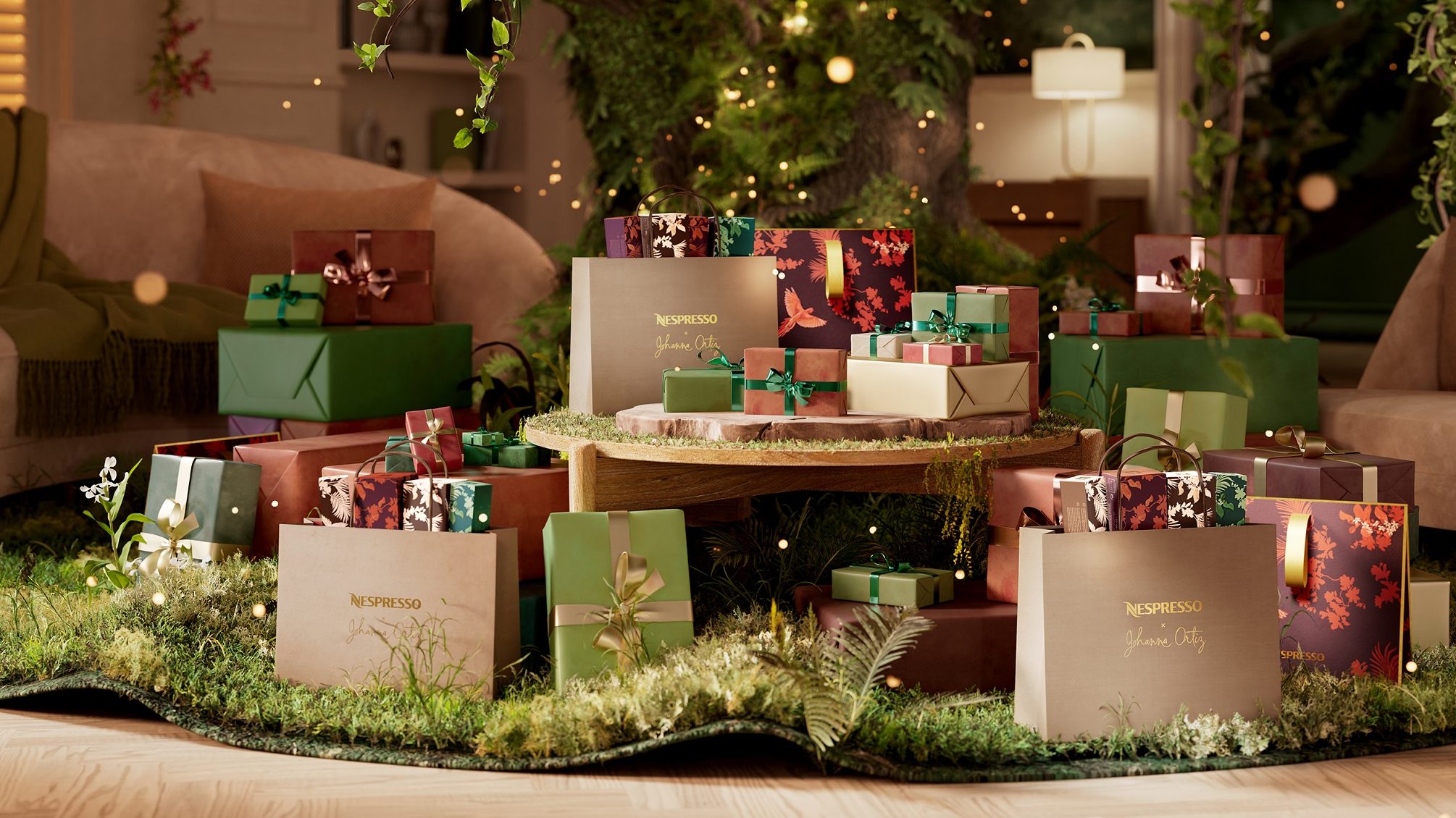 A selection of Nespresso Christmas gift boxes and bags set in a decorated living room to showcase its gifts of the forest limited edition festive collection.