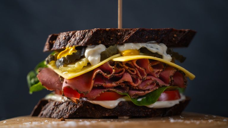 Side view of meat sandwich