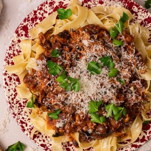 A plate of wide long pasta with red sauce on top.