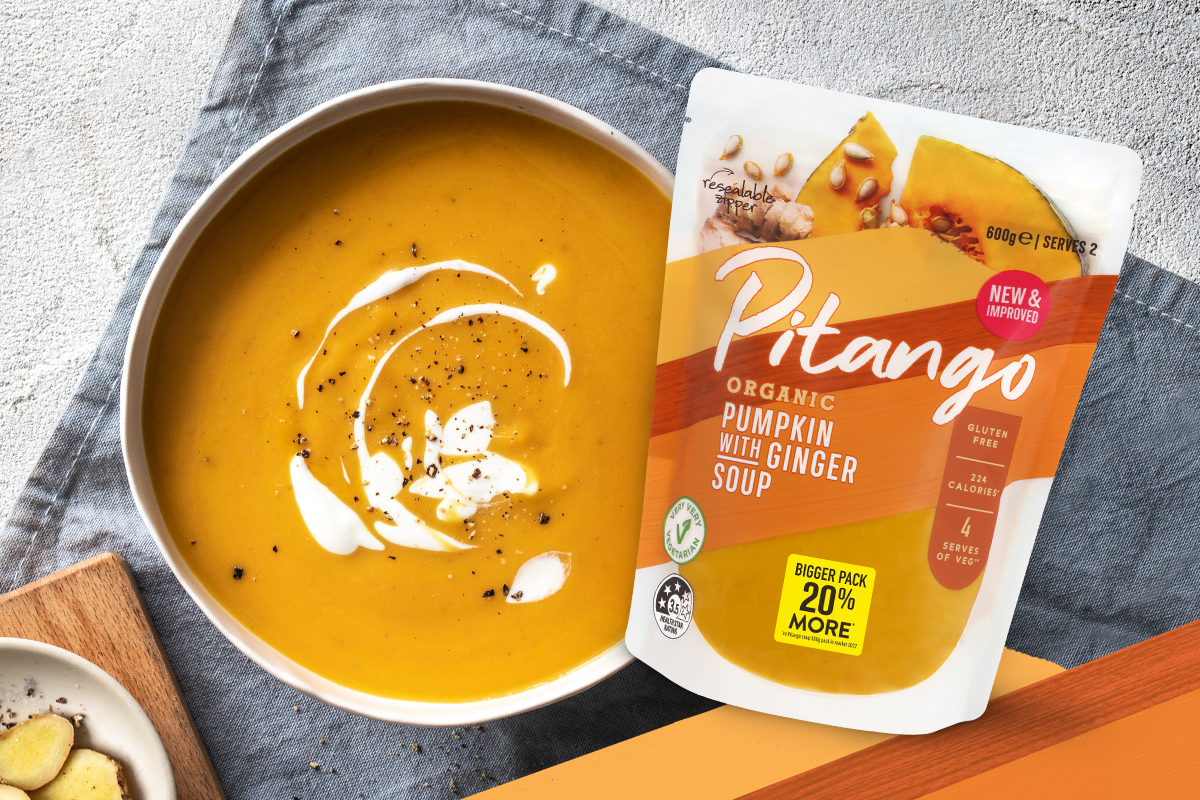 June Must-Haves 2023 Bowl of pumpkin and ginger soup with a sachet of Pitango pumpkin and ginger soup next to it