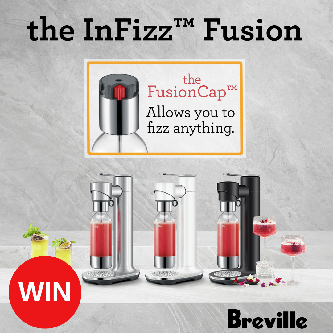 Three versions of the Breville InFizz Fusion appliance sitting on a grey kitchen benchtop.