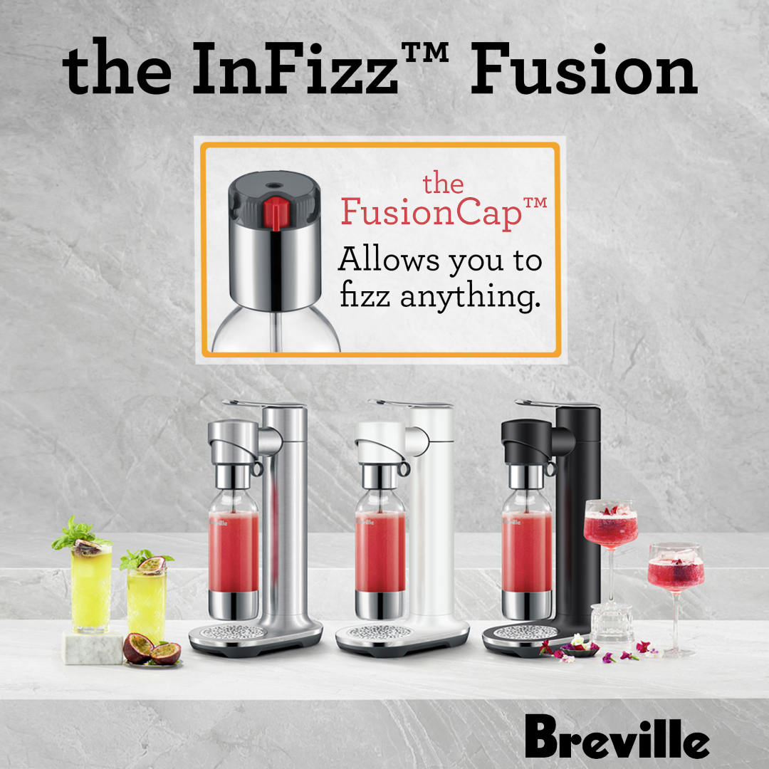 The Breville InFizz Fusion machine in three different colours - silver, white, and black