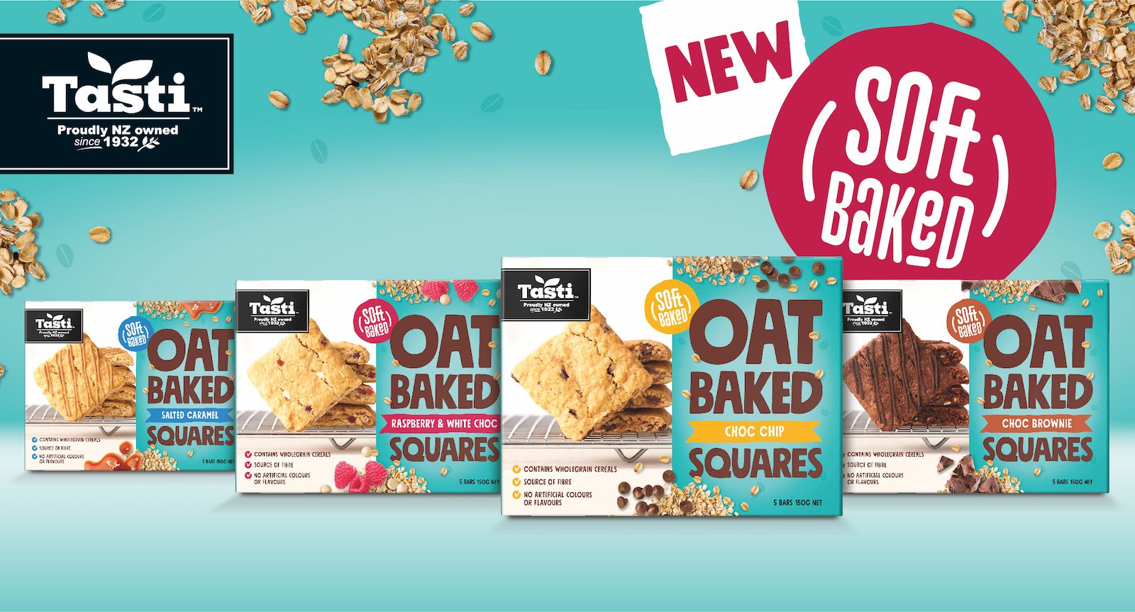 Boxes of Tasti soft baked oat squares in four flavours - Salted Caramel, Raspberry and White Choc, Choc Chip, and Choc Brownie