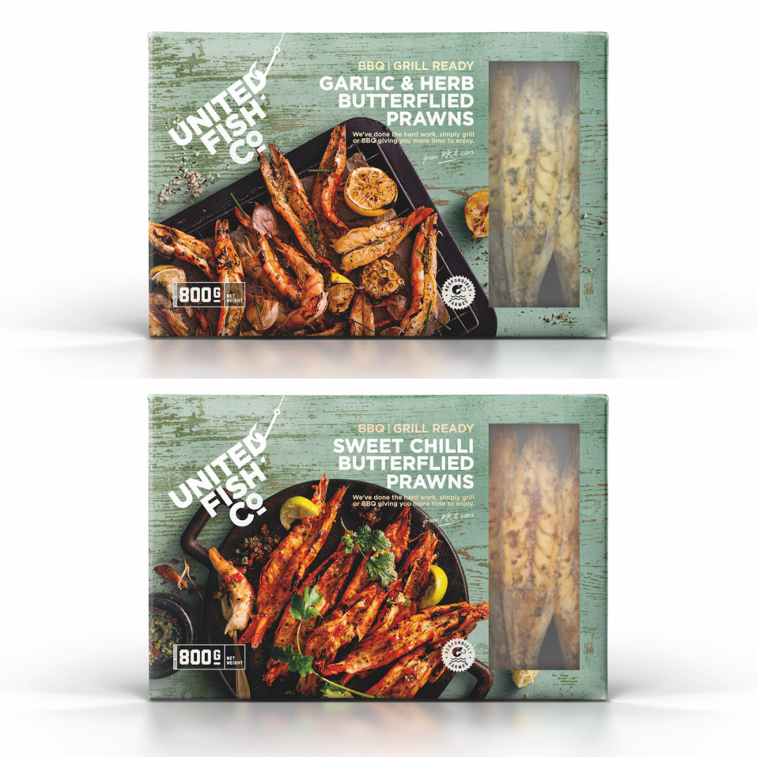 Packages of United Food Co Butterflied Prawns in two flavours - Garlic & Herb and Sweet Chilli