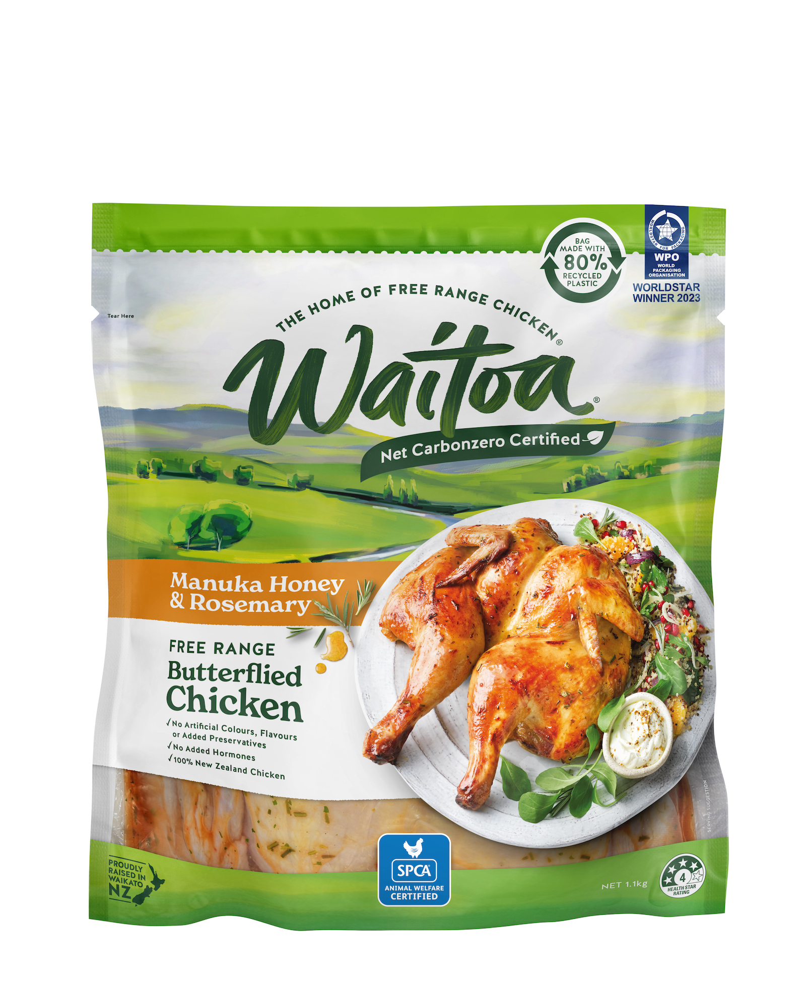 Bag containing a Waitoa Free Range Manuka Honey and Rosemary Butterflied Chicken